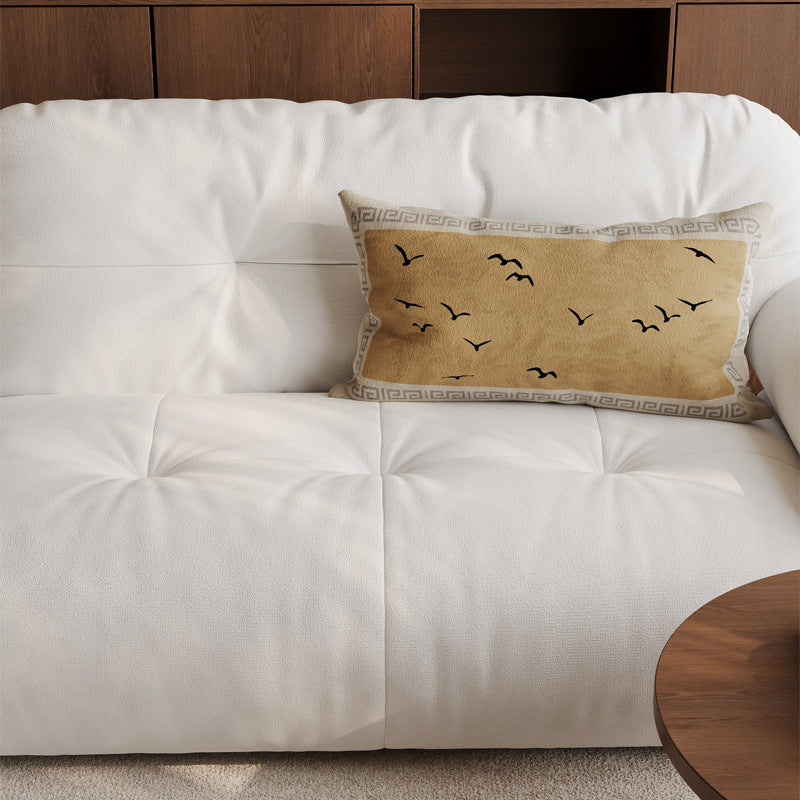 Decorative Rectangular Linen-Blend Lumbar Pillow Cover with Oriental Bird and Blossom Print and Contrast Velvet Border