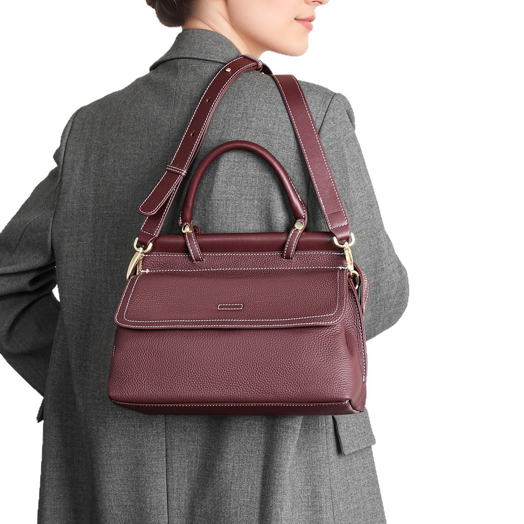 Top-Handle genarbtes Leder-Satchel mit Kontrastnähten