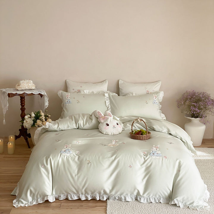 Embroidered Ruffled Bedding Set with Plush Character Pillow