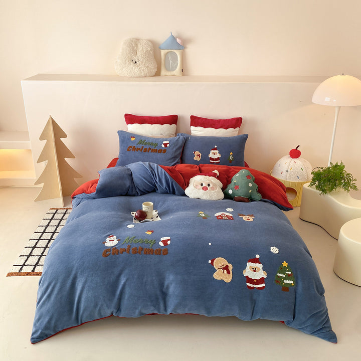 Holiday Embroidered Plush Velvet Reversible Duvet Cover Set with Decorative Pillow Shams