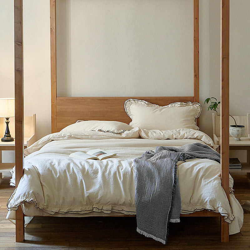 Leinen-Baumwoll-Bettwäsche-Set mit Rüschenrand und Wohndecke