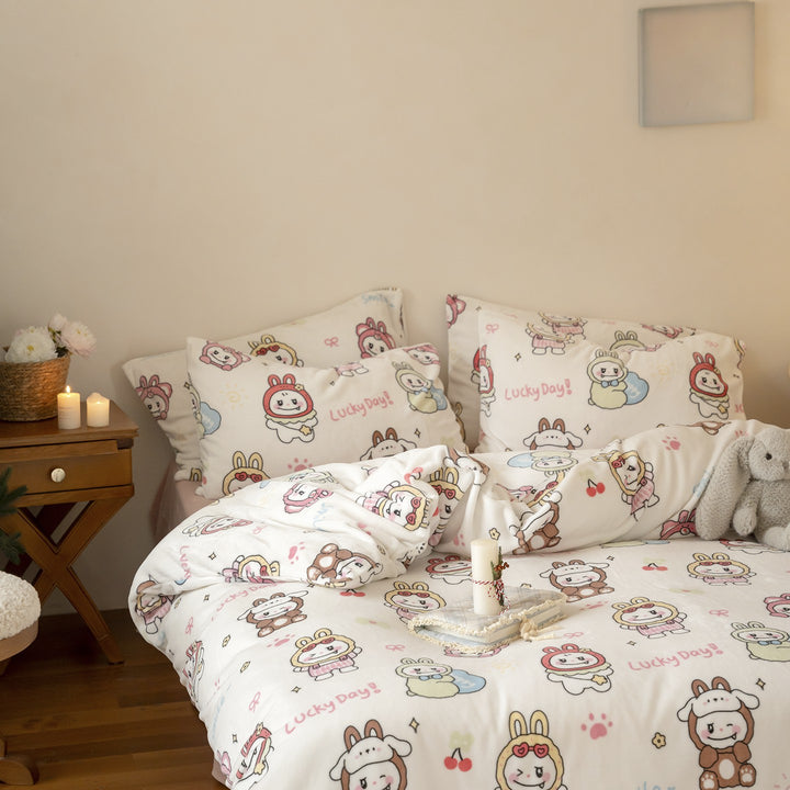 Kinder-Bettwäsche-Set aus kuscheligem Flanell mit kariertem Tiergesichter-Print und Reißverschluss