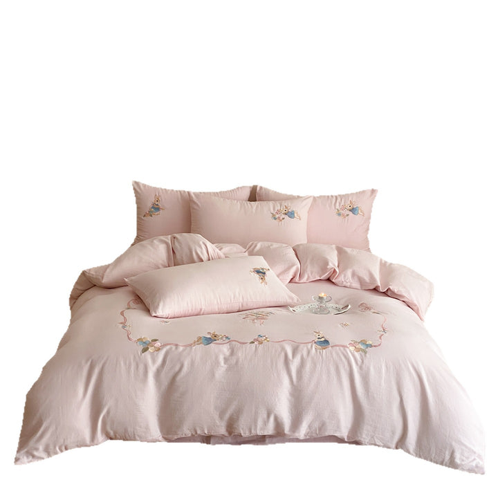 Besticktes Baumwoll-Bettwäsche-Set mit Bunny-Applikation und dekorativen Kissenbezügen