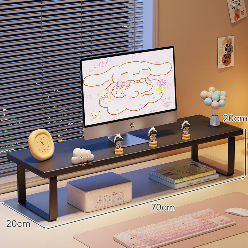 Kompakte Holz-Desktop-Monitorerhöhung mit Metallbeinen und unterer Ablagefläche