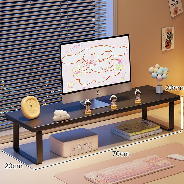 Kompakte Holz-Desktop-Monitorerhöhung mit Metallbeinen und unterer Ablagefläche
