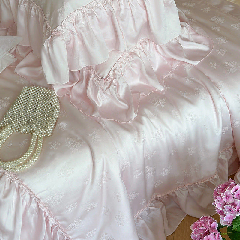 Elegantes Satin-Bettwäsche-Set mit Jacquard-Blumenmuster und Rüschen