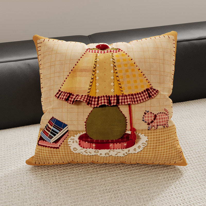 Decorative Gingham Embroidered Pear Appliqué Throw Pillow Cover