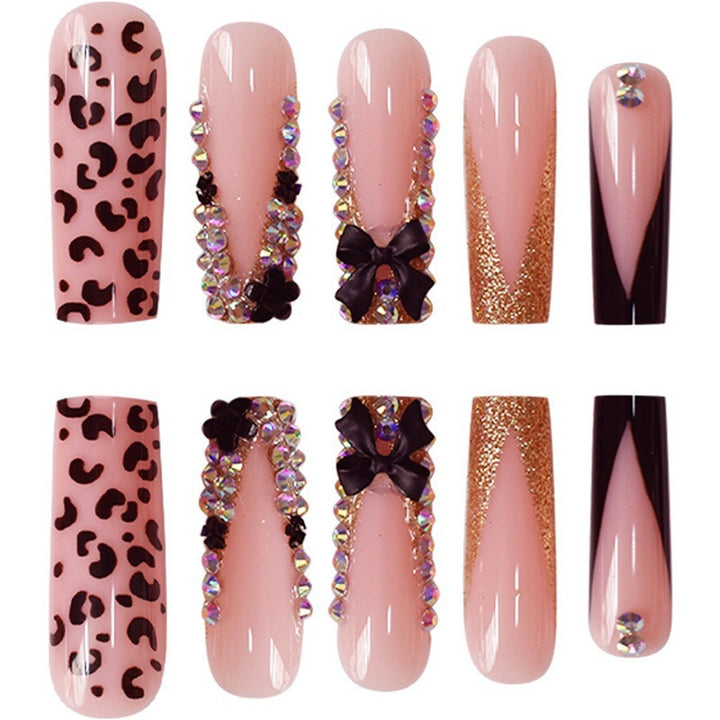 Glamouröses Press-On Nagelkunstset mit Strass- und Leopardenakzenten Karnz