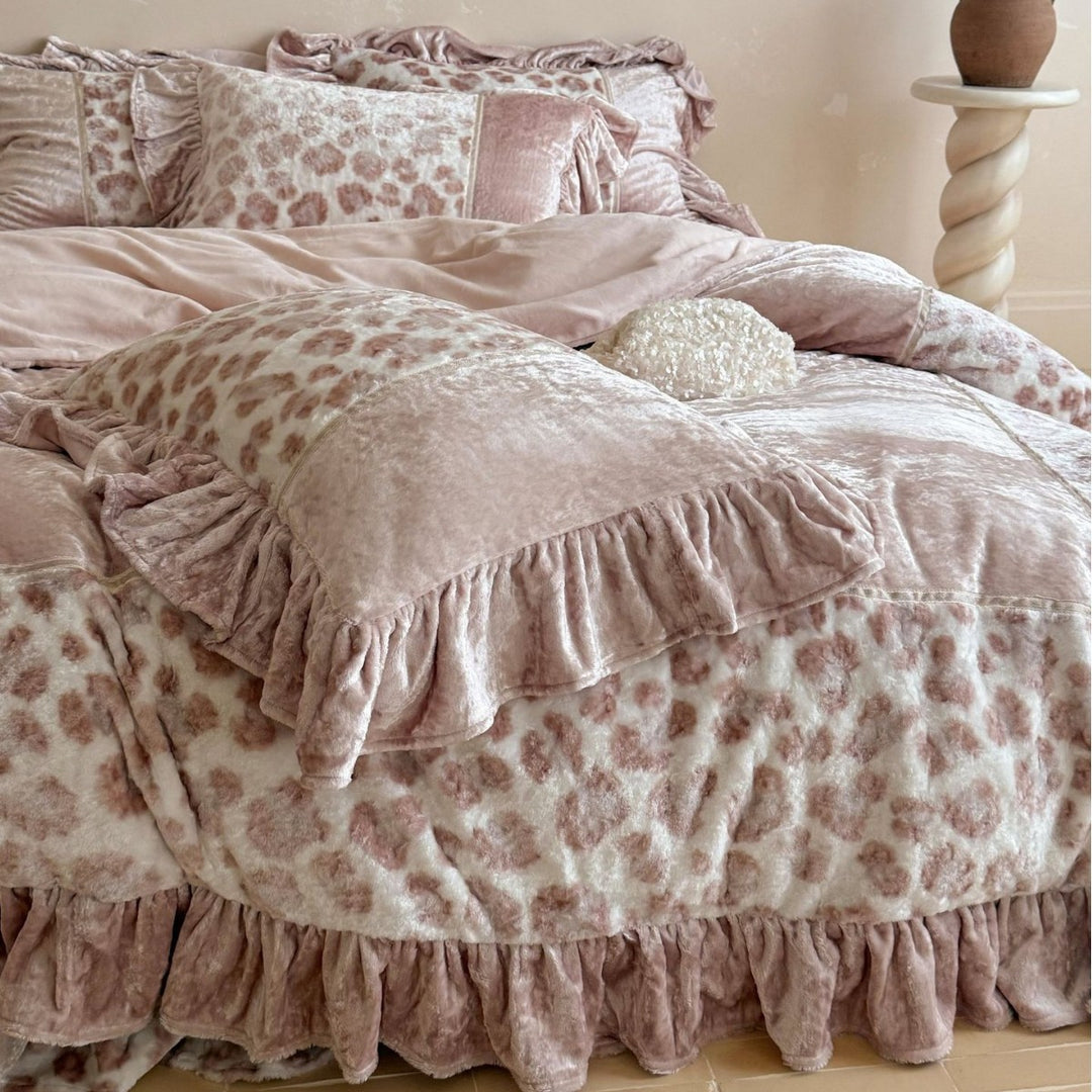 Rüsche Samt Leopard-Print Quilde Bettbezug Set