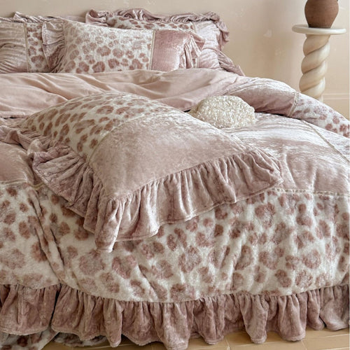 Rüsche Samt Leopard-Print Quilde Bettbezug Set