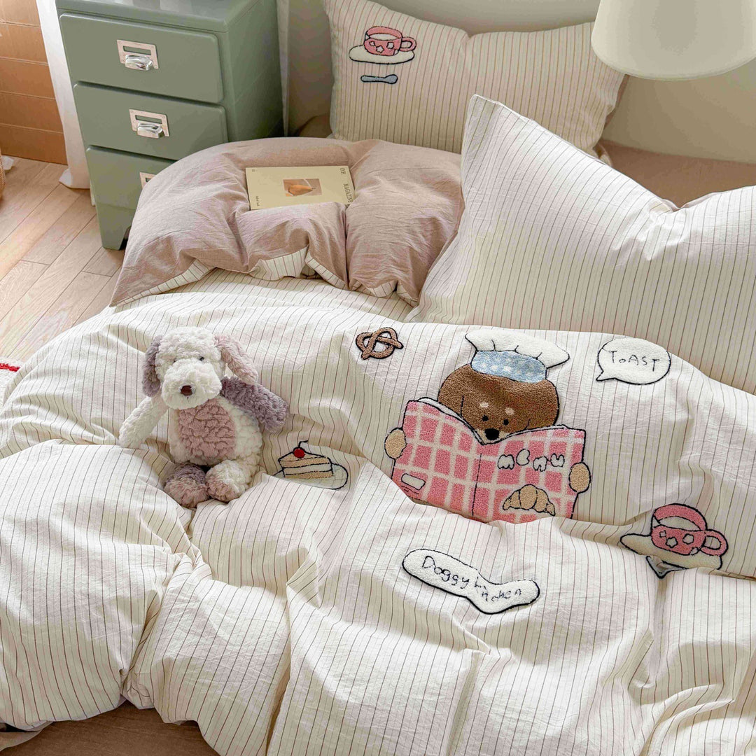 Bestickte Baumwoll-Bettdeckenbezug-Sets mit niedlichem Bären-Patchwork
