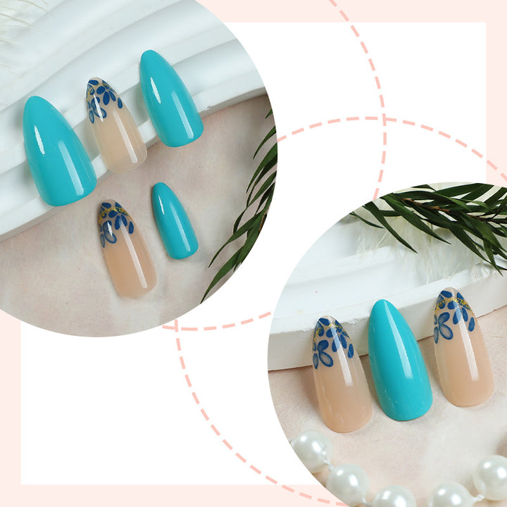 Künstlerisches Press-On-Nagelset mit floralen und Blattdesigns Karnz