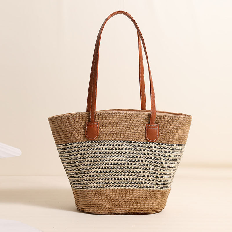 Damen Strandtasche aus hochwertigem geflochtenem Naturmaterial mit stilvollen Lederakzenten Karnz