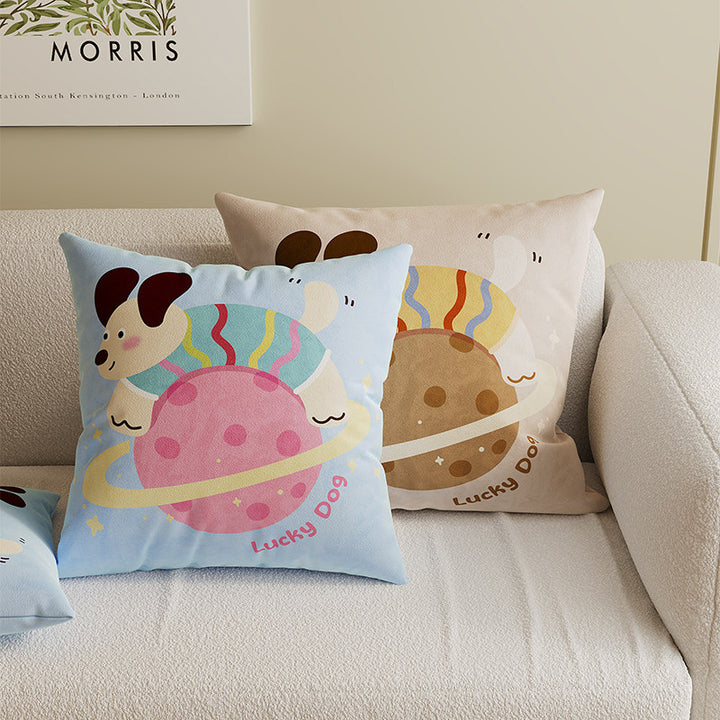 Square Decorative Throw Pillow Cover with Cute Cartoon Cat Illustration and Vertical Pink Stripe Linen-Blend