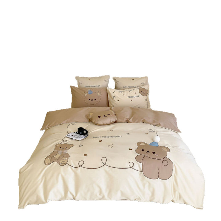 Niedliches Baumwollsatin-Bettwäsche-Set mit Teddybär-Applikation und Zierkissen