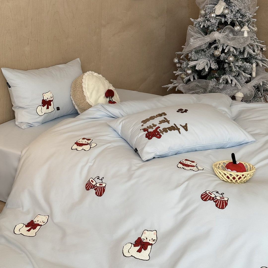 Baumwollsatin-Bettbezug-Set mit Chenille-Katzenapplikationen und feiner Satinqualität