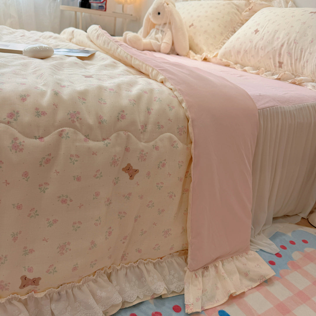 Patchwork-Bettwäscheset aus Baumwoll-Musselin mit Rüschen und leichter Steppdecke