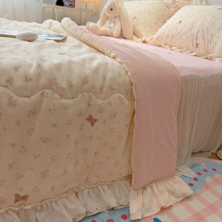 Patchwork-Bettwäscheset aus Baumwoll-Musselin mit Rüschen und leichter Steppdecke