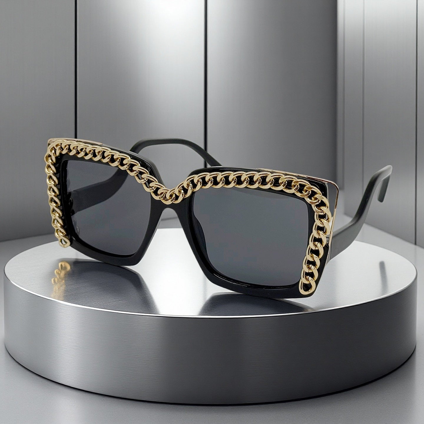 Damen modische oversized Sonnenbrille mit Kettenrahmen Karnz