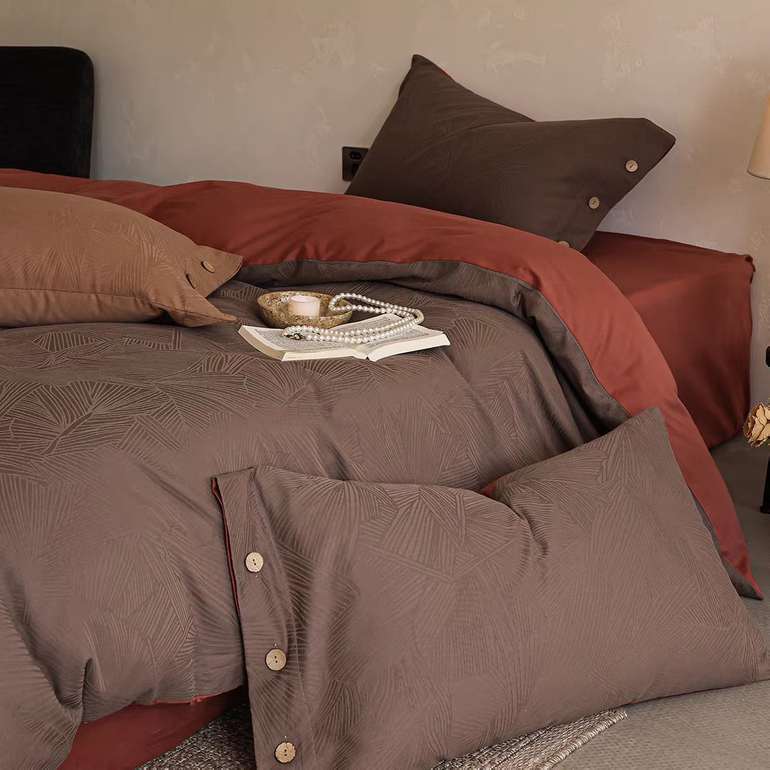 Strukturierte Jacquard Bettbezug Set mit Holzknopfverschluss