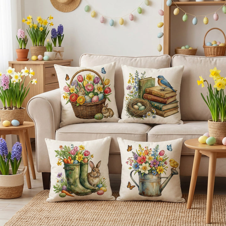 Oster Garten Aquarell Hase Stiefel Illustriert Leinen-Textur Quadrat Wurfkissenbezug