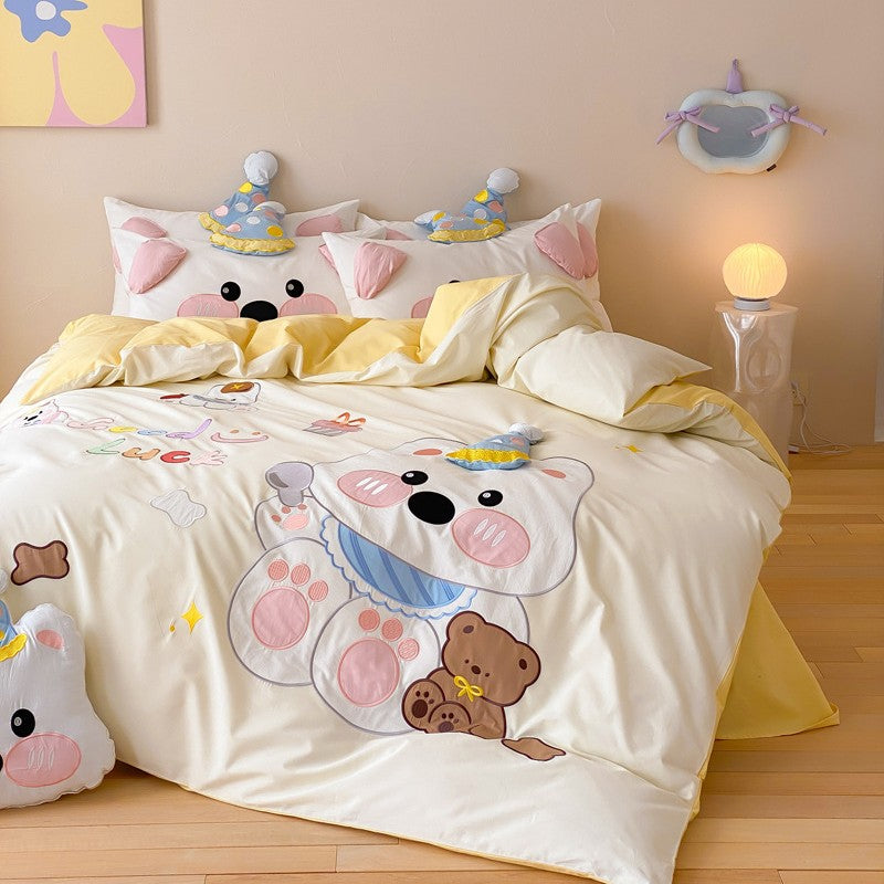 Kinder Cartoon Katze Baumwollsatin Bettbezug Set mit ohrförmigen Kissenbezügen und plüschigem Akzentkissen