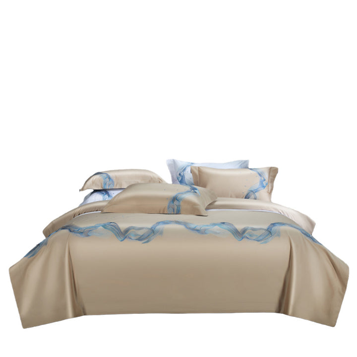 Luxus Baumwoll-Satin Bettwäsche Set mit fließendem Aquarell Wellenmuster & Oxford Kissenbezügen