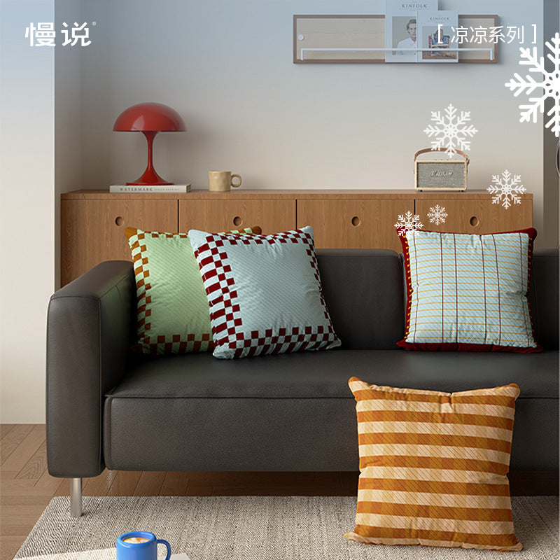 Decorative Square Cushion Cover with Grid Quilting, Contrast Piped Edge and Laced Side Detail