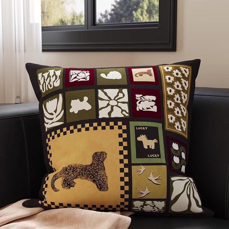 Square Velvet Accent Pillow Cover with Vintage Botanical Tapestry Print and Contrast Border