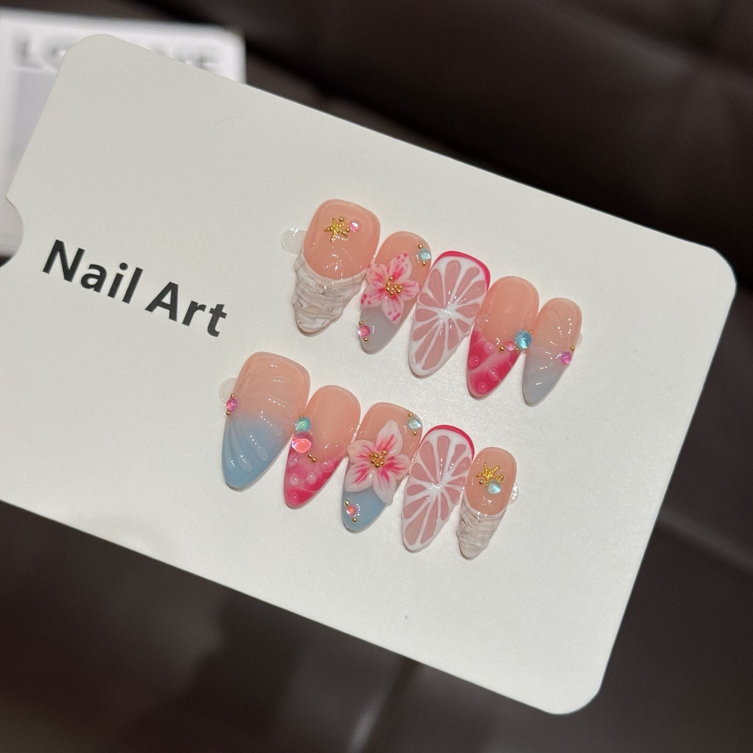 Dekoratives Press-On Nagelkunstset mit Blumen- und Zitrusdesigns