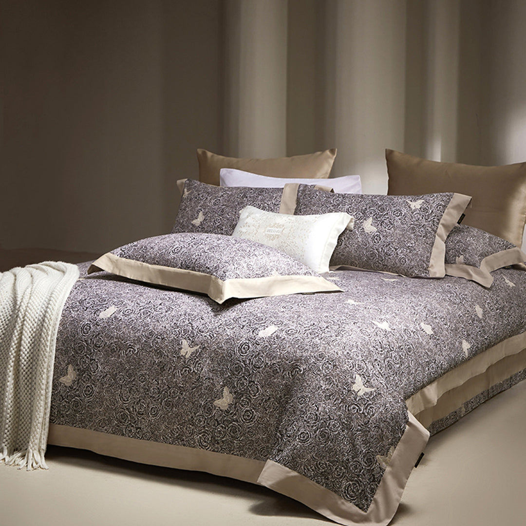 Botanisches Rosenmotiv Baumwoll-Satin Bettbezug-Set mit Seiden-Feeling Rand