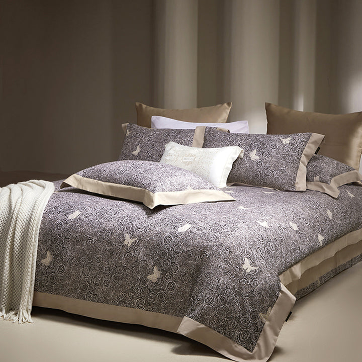 Botanisches Rosenmotiv Baumwoll-Satin Bettbezug-Set mit Seiden-Feeling Rand