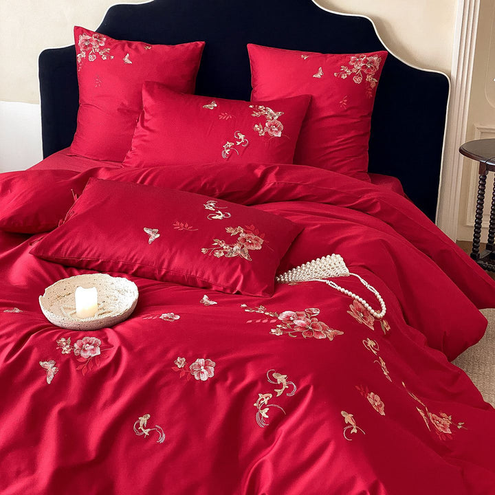 Luxuriöse Baumwollsatin-Bettwäschegarnitur mit floraler Stickerei und Hotelverschluss