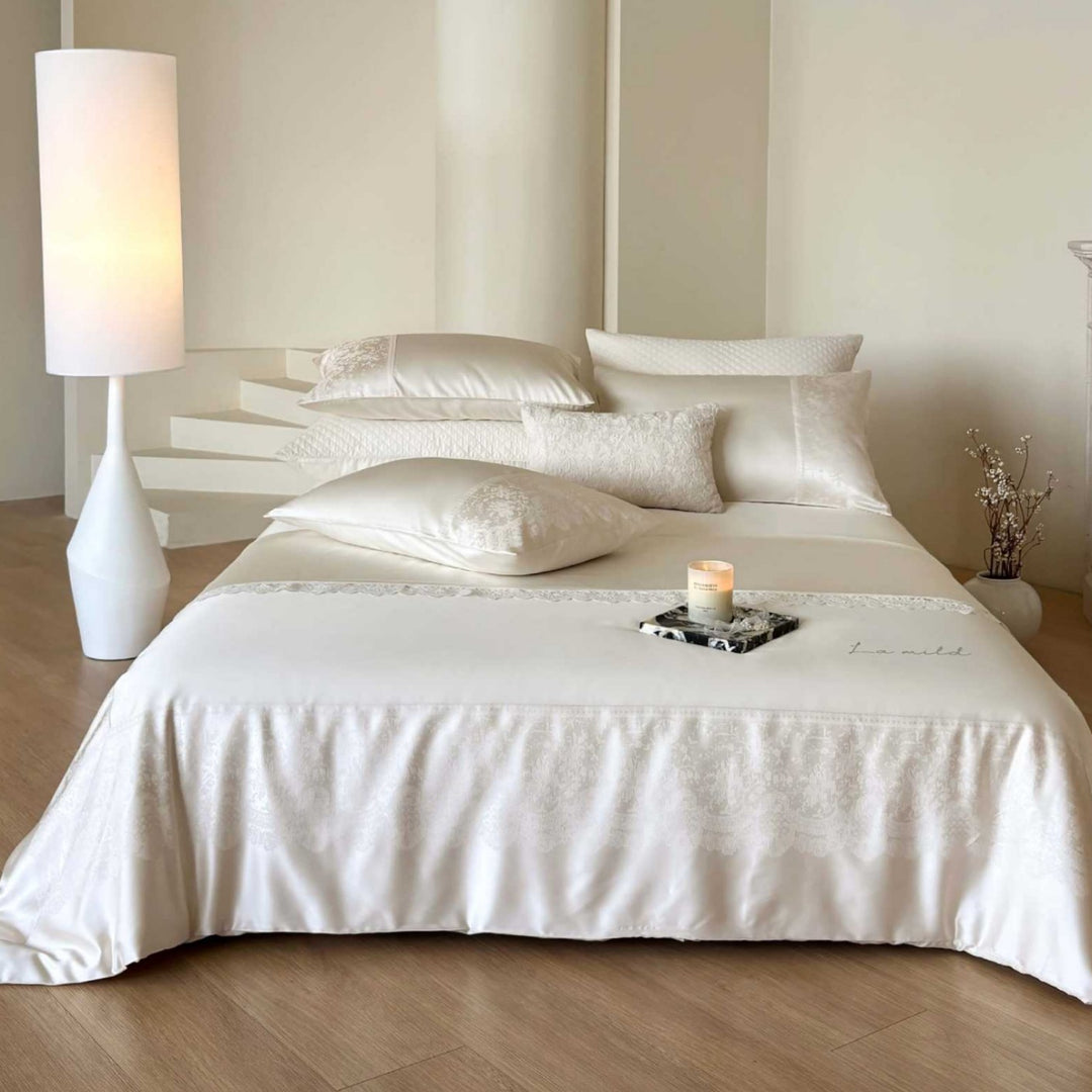 Luxus Satin Jacquard Bettbezug und Spitzenbesatz Bettwäsche Set