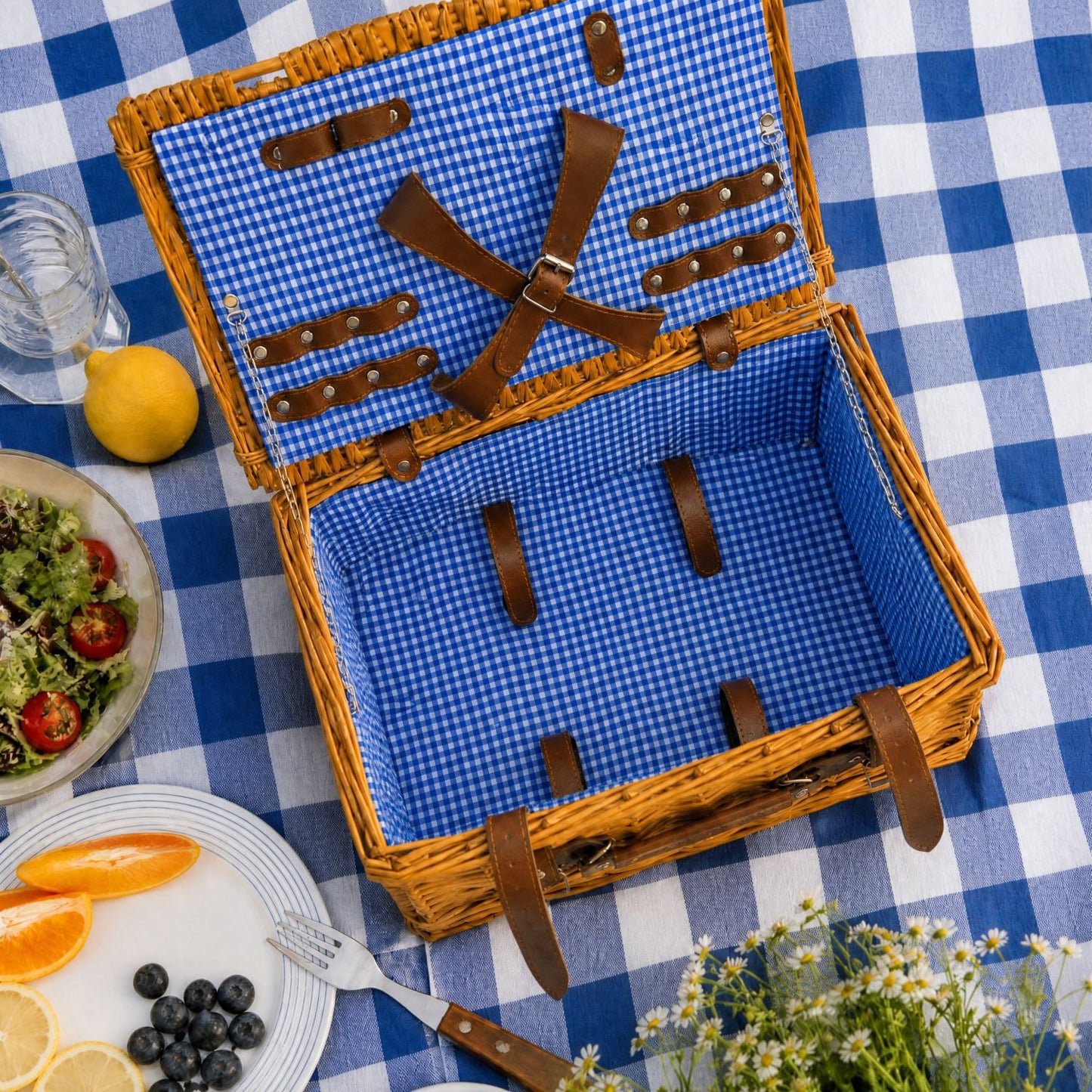 Damen Luxus Picknickkorb mit versetztem Geschirrfach und floralem Innenfutter Karnz