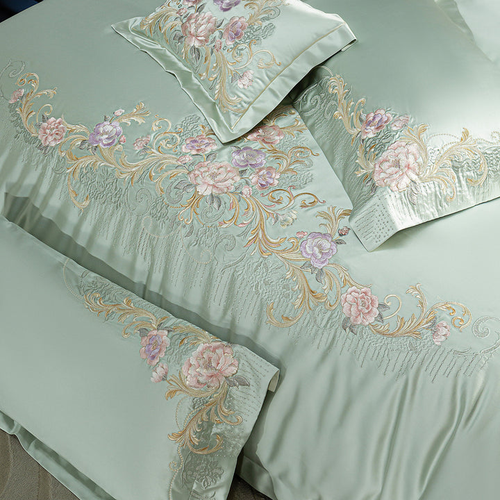 Seidenlook botanisch gestickte Bettdeckenbezug Ensemble mit dekorativem Kissen und Euro Kissenbezügen