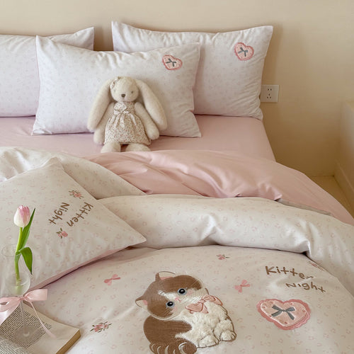 Kinder-Bettwäsche-Set mit besticktem Teddybär-Motiv und wendbarem Baumwollsatin
