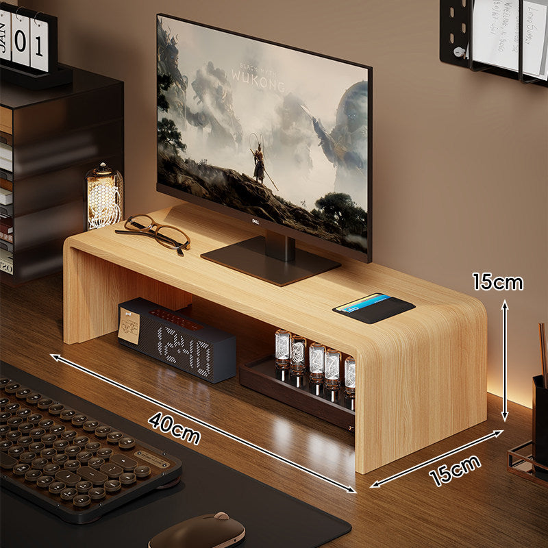 Niedrigprofilierte gebogene Desktop-Monitor-Plattform mit integriertem Unterregal-Organizer und ambienter Hintergrundbeleuchtung