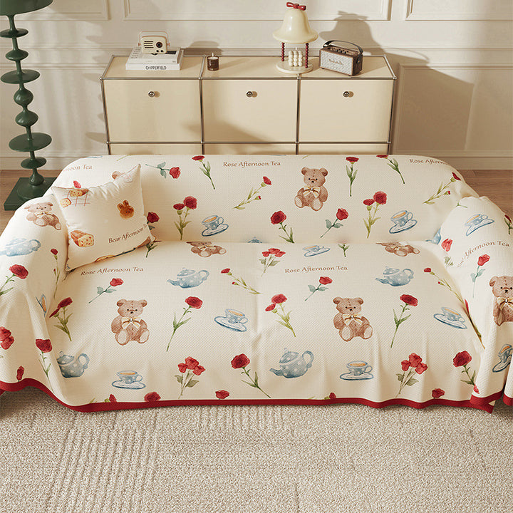 Quilted Peach-Print Sofa Slipcover Throw with Textured Waffle Weave