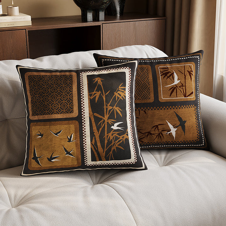 Decorative Patchwork Velvet Throw Pillow Cover with Asian-Inspired Scenic Panels and Metallic Gold Accents