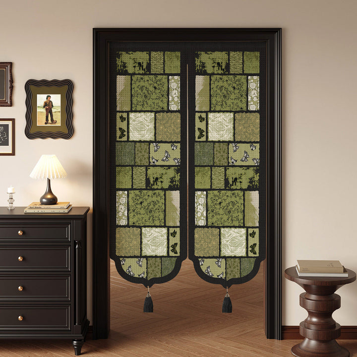 Botanical Patchwork Split-Panel Noren Doorway Curtain with Weighted Tassels