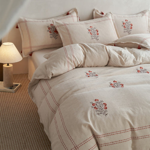Handgenähte florale gestickte Leinen-Misch-Duvet-Bezug-Satz mit Quasten-Kissenbezügen