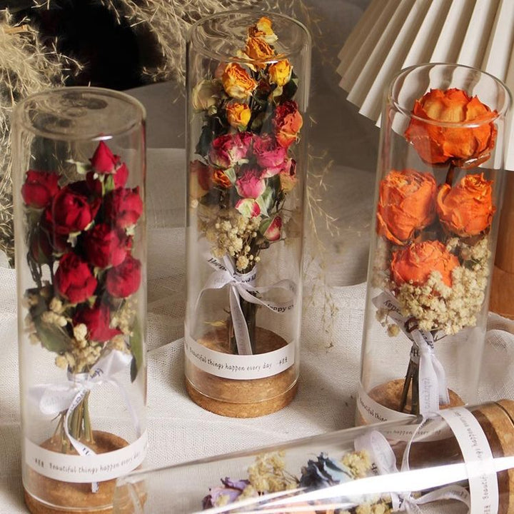 Konserviertes Blumendisplay im eleganten Glaskylinder