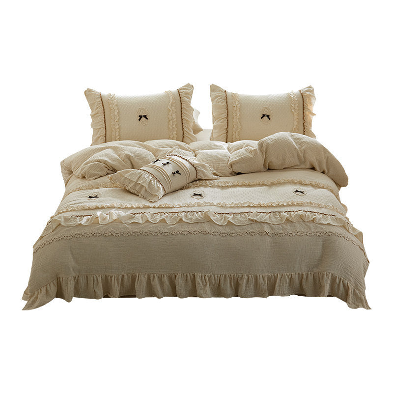 Vintage Rüschenspitze-Besatz Baumwolle Bettdeckenbezug Set mit dekorativem Bolster und Kissenbezügen
