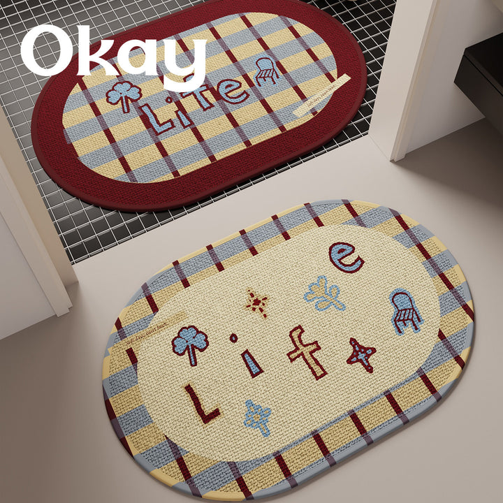 Decorative Oval Checkered Entrance Mat with Embroidered 'Life' Script and Non-Slip Backing