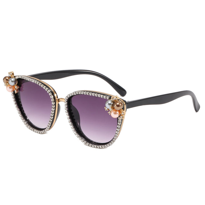 Damen glamouröse Sonnenbrille mit Perlen- und Kristalldekoration Karnz