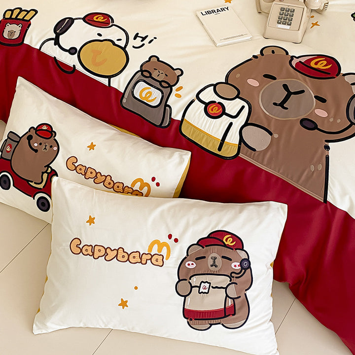 Kinder Cartoon Katze Baumwollsatin Bettbezug Set mit ohrförmigen Kissenbezügen und plüschigem Akzentkissen