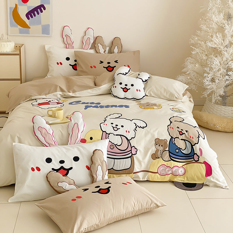 Kinder Cartoon Katze Baumwollsatin Bettbezug Set mit ohrförmigen Kissenbezügen und plüschigem Akzentkissen