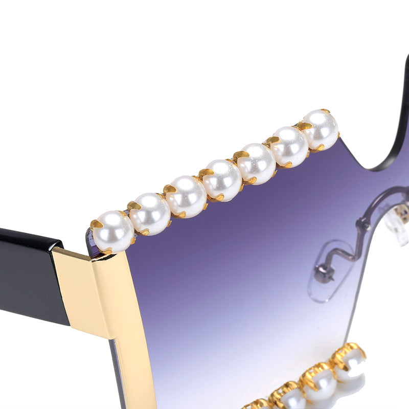 Damen extravagante Rechteck-Sonnenbrille mit Perlenschmuck und UV-Schutz Karnz