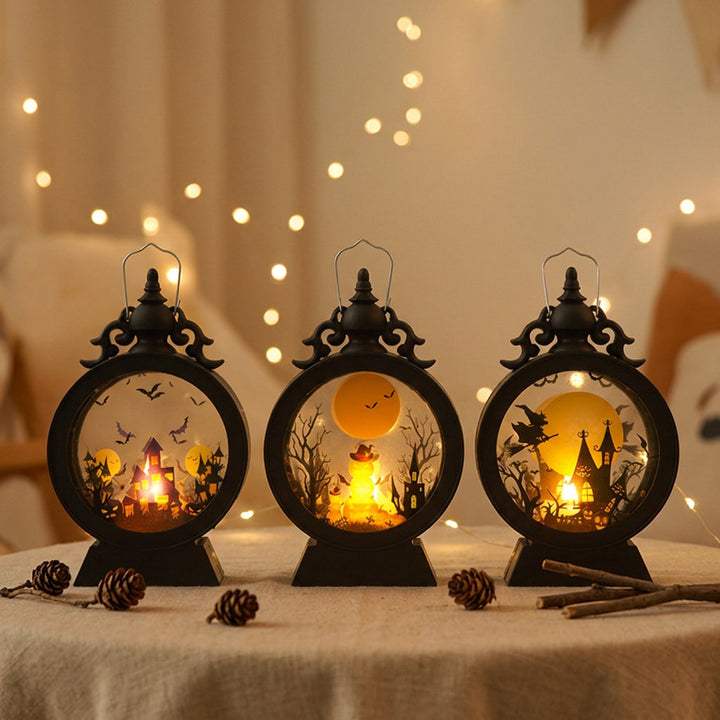 LED-Deko-Tischlaterne mit Halloween-Silhouetten und warmweißem Leuchten